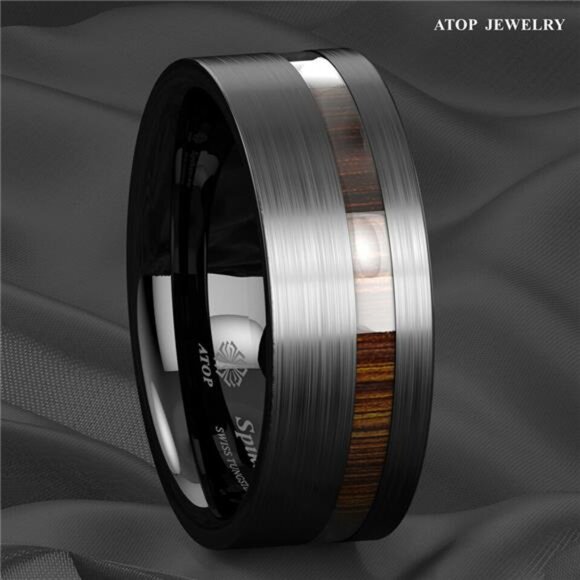 Men's Wedding Band - Black Brushed Off Center Koa Wood Ring for Men and Women - Picture 4 of 9